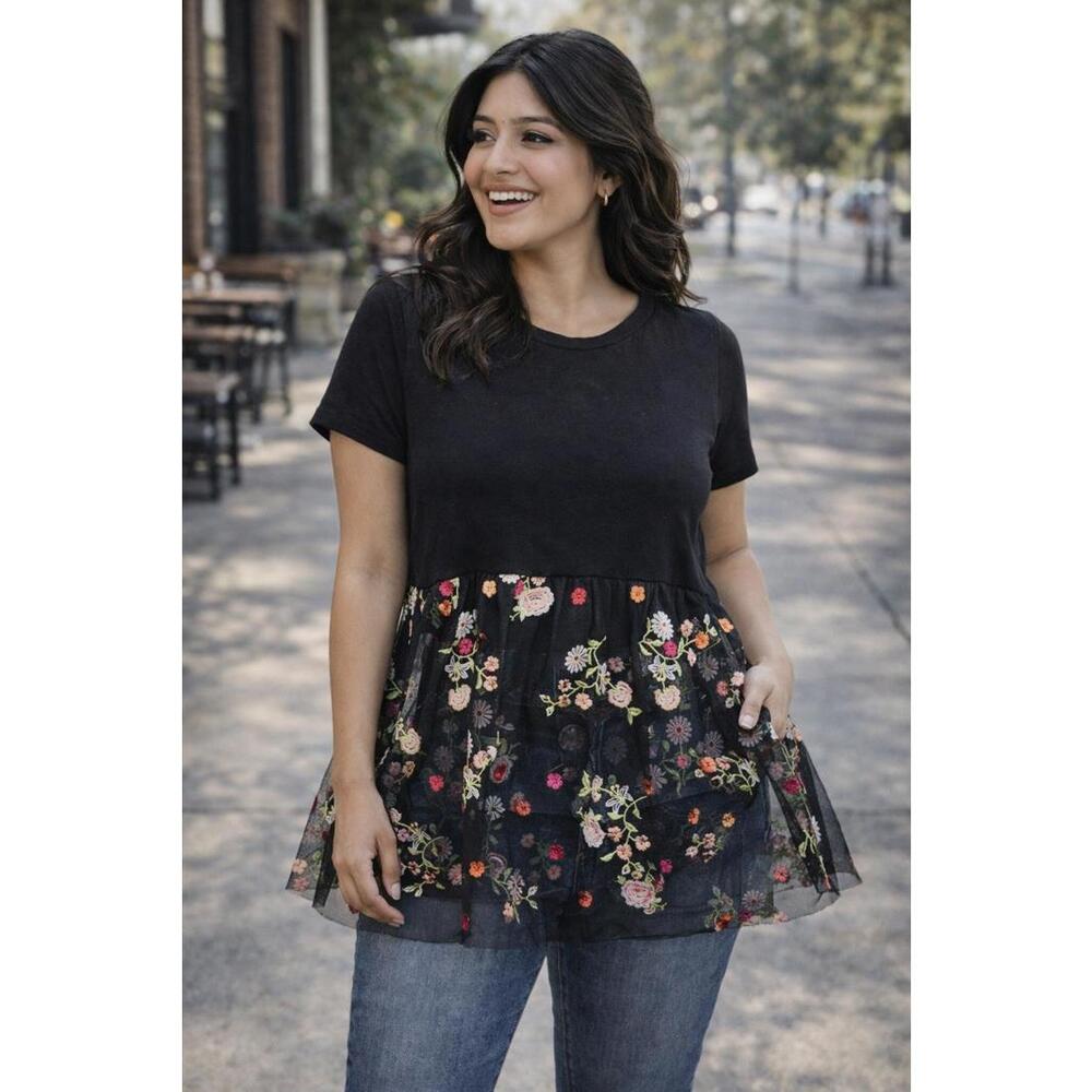 Charming Black Floral Embroidered Mesh Peplum Top